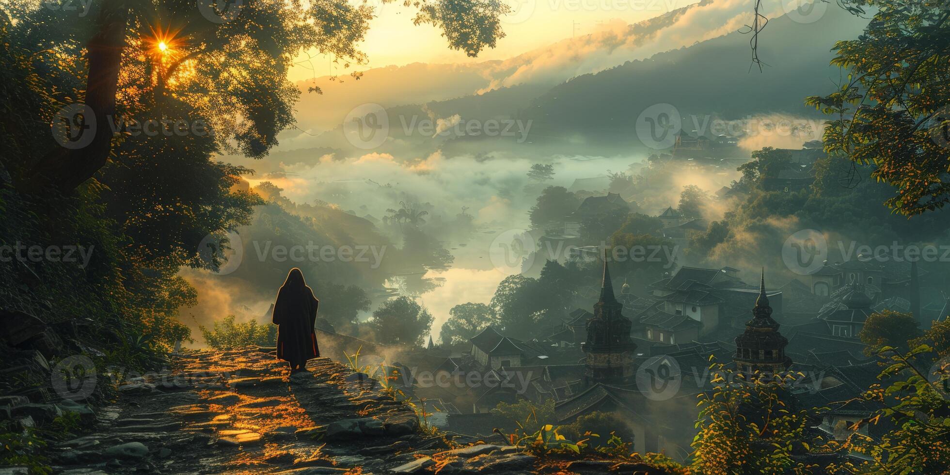 A man is wandering along a path in the forest during sunset photo