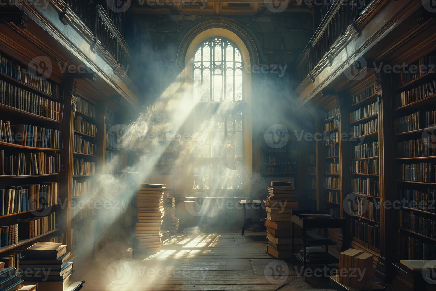 Sun shines through window in library, filling room with warm light photo