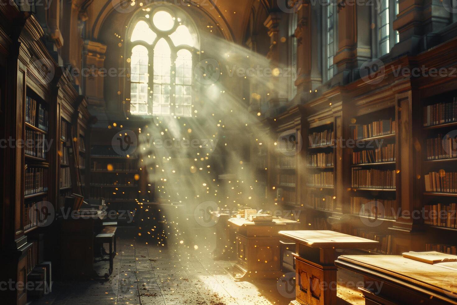 A cozy library with sunlight filtering in, bookshelves filled with books photo