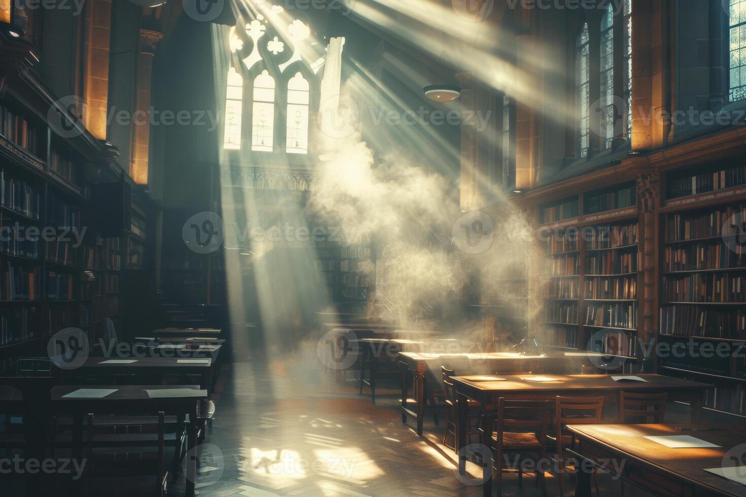 Sunlight streams into a library, illuminating the space with warmth photo