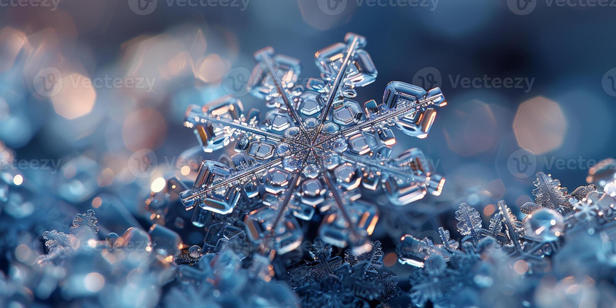 Keywords for snowflake macro photo on blue background