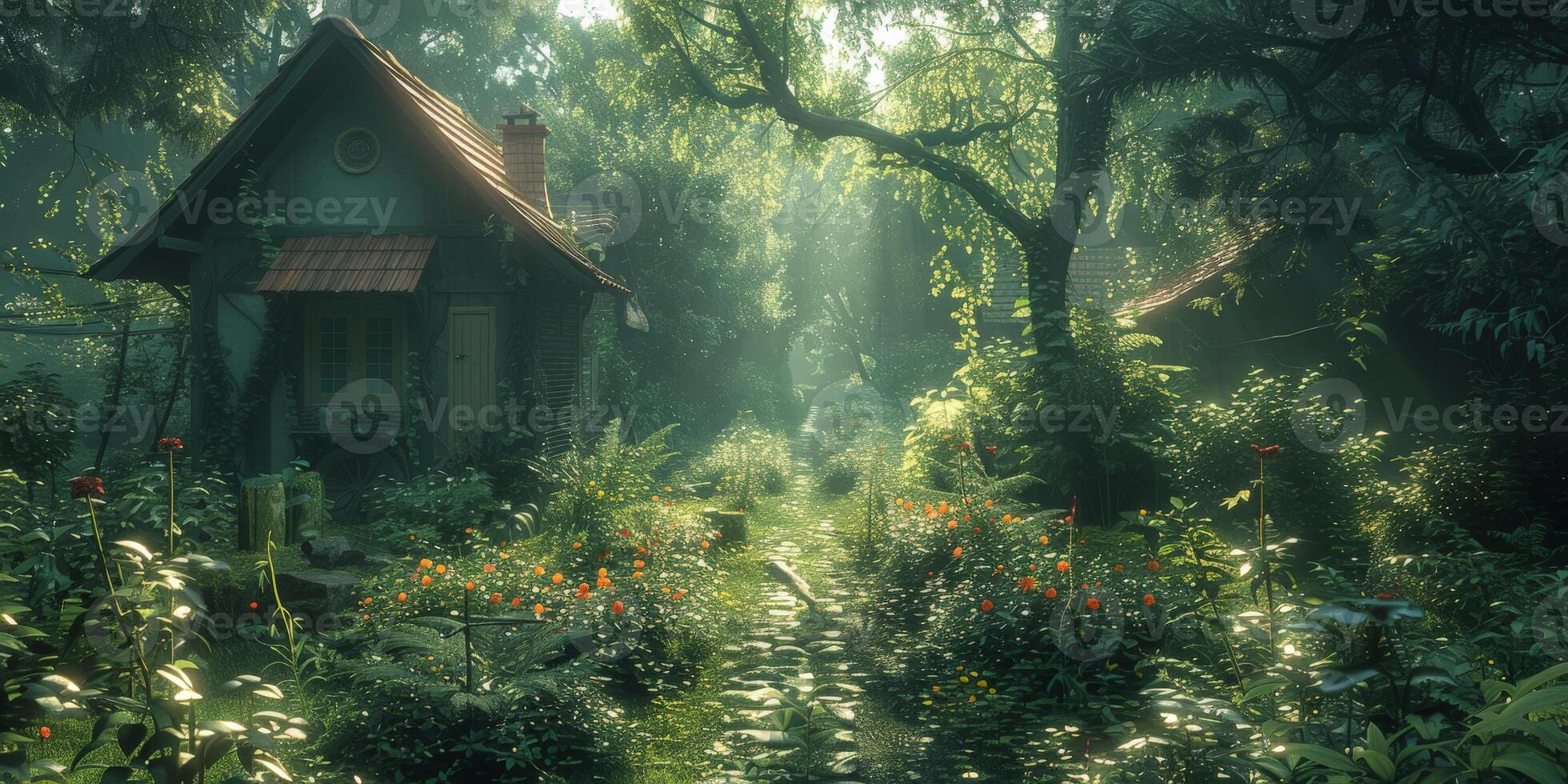 A house in a forest surrounded by trees and flowers photo