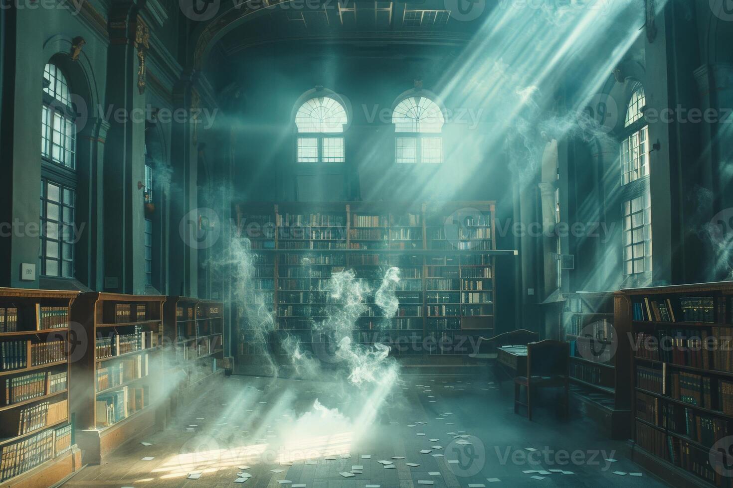 A library with numerous books and smoke billowing from the windows photo