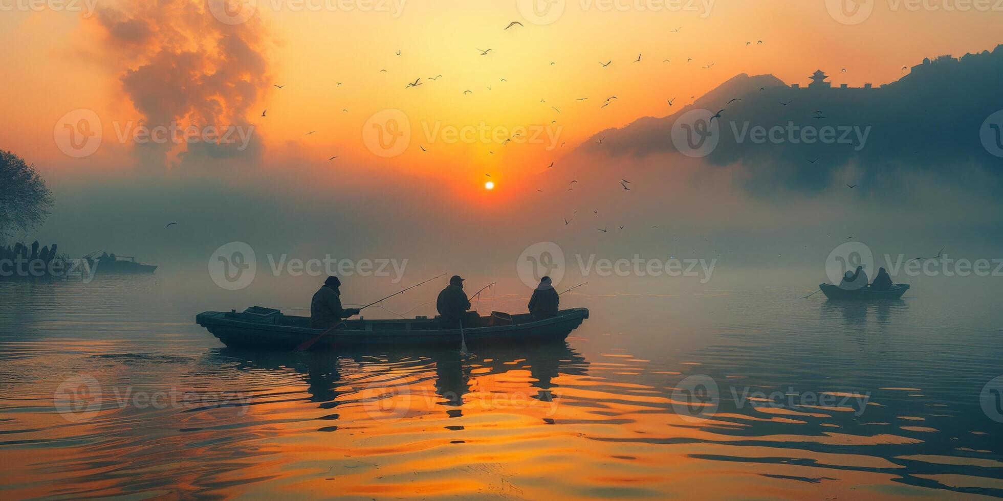 Enjoying the scenic view of a group of people in a boat on a lake during sunset photo