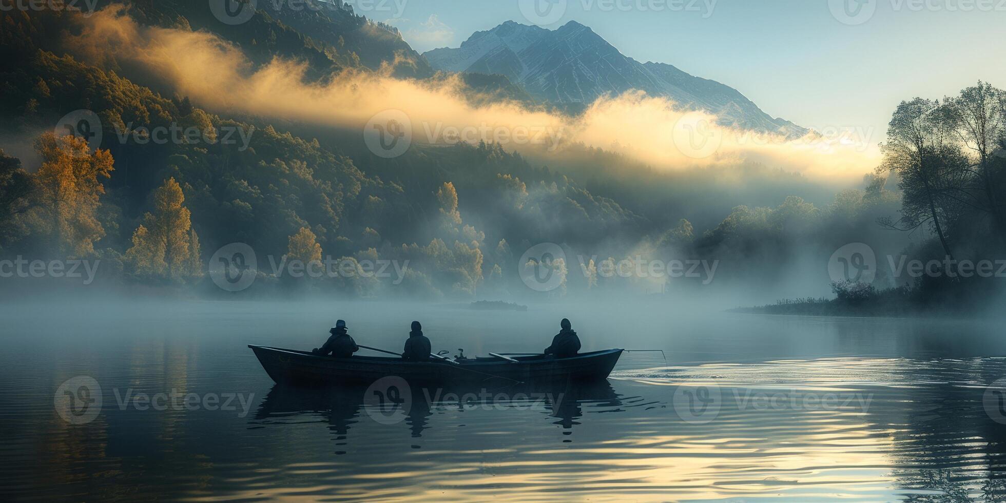 A group of people in a boat enjoying the foggy lake on a cloudy day photo