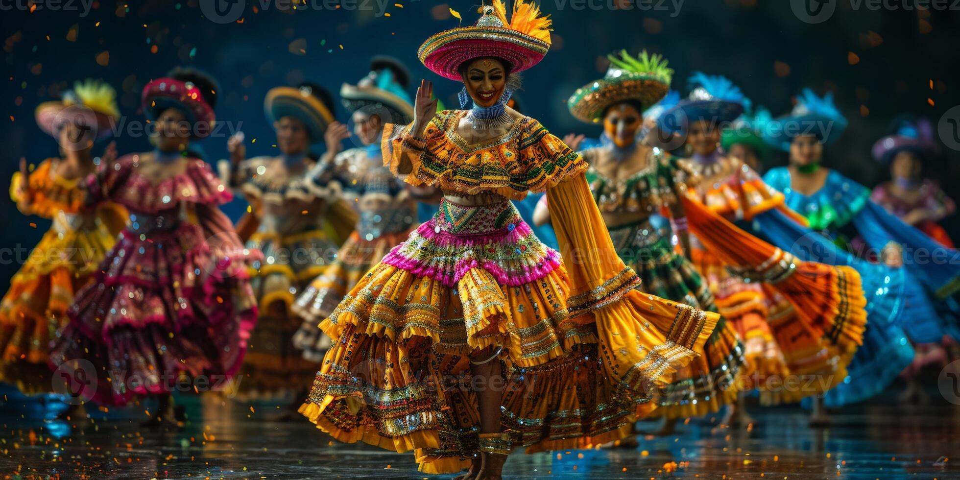 A group of women in dresses and hats performing a dance routine on stage photo