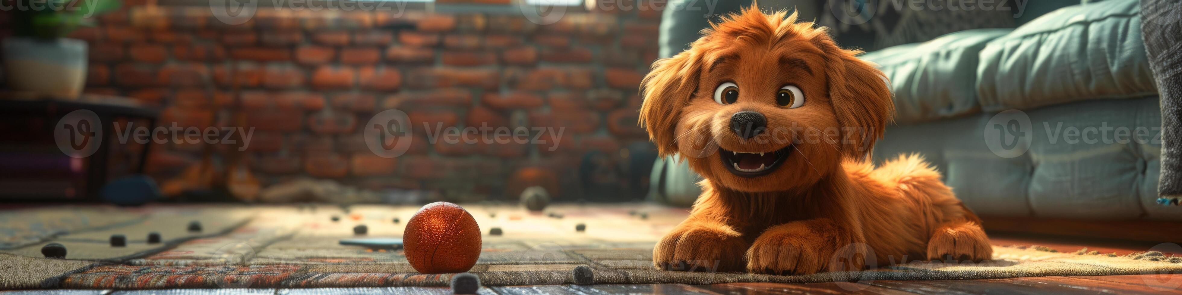 A stuffed dog is lying on the floor beside a ball photo