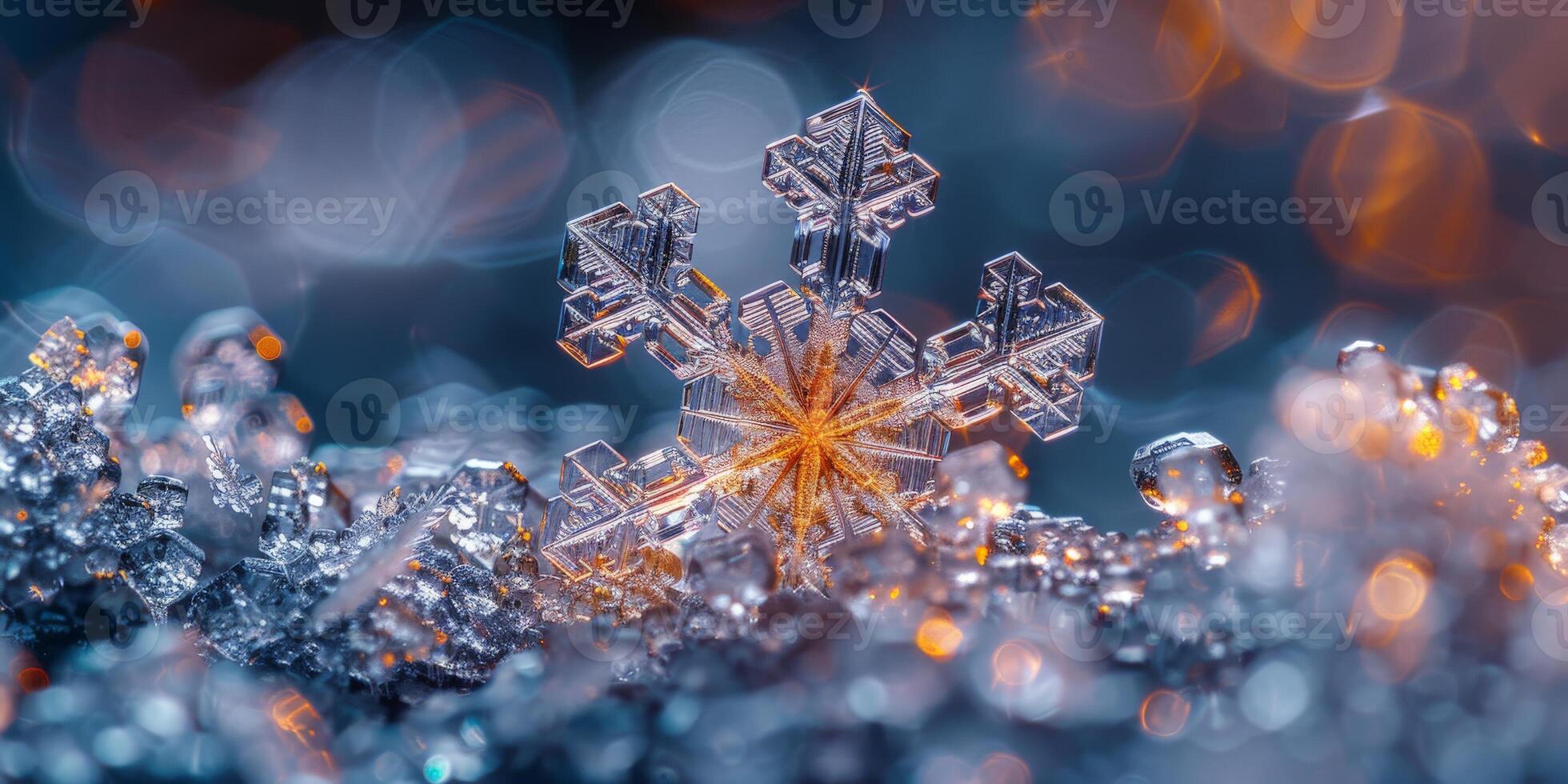A detailed view of a snowflake set against a softly outoffocus backdrop photo