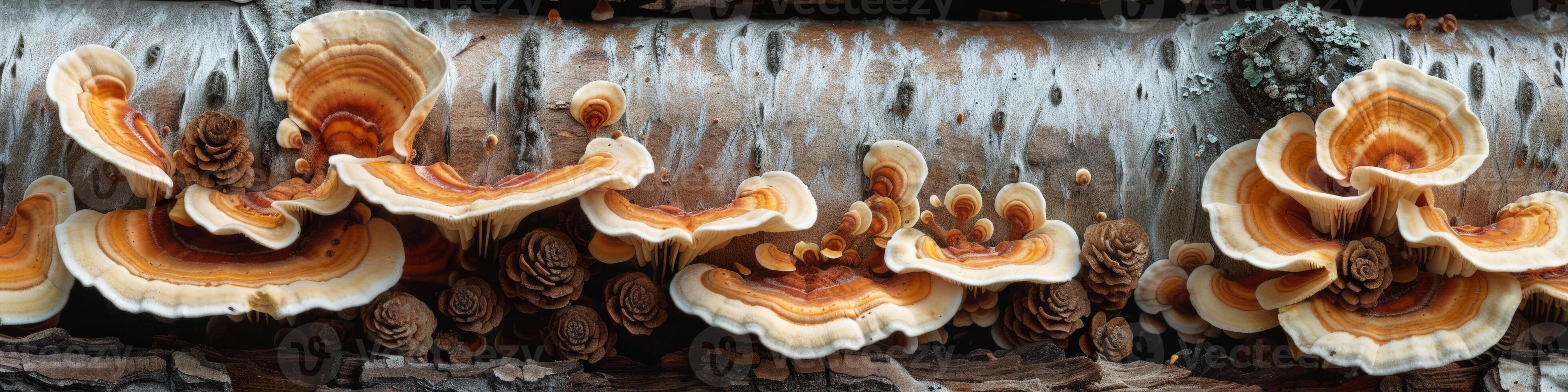 Numerous mushrooms are sprouting on the trunk of a tree photo