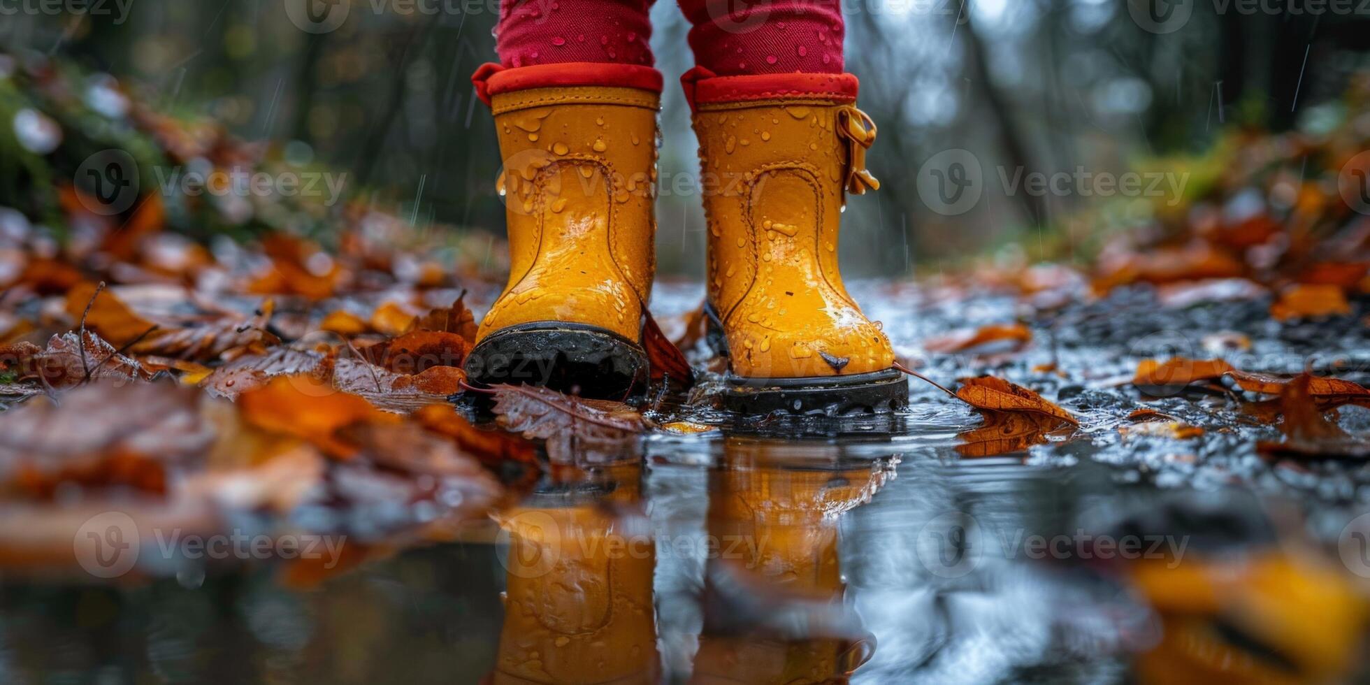 A child in yellow rain boots stands in a water puddle in nature photo