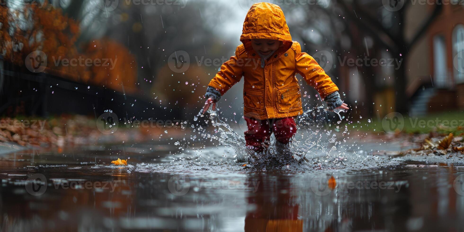 A boy in yellow raincoat playing in a puddle, enjoying nature photo