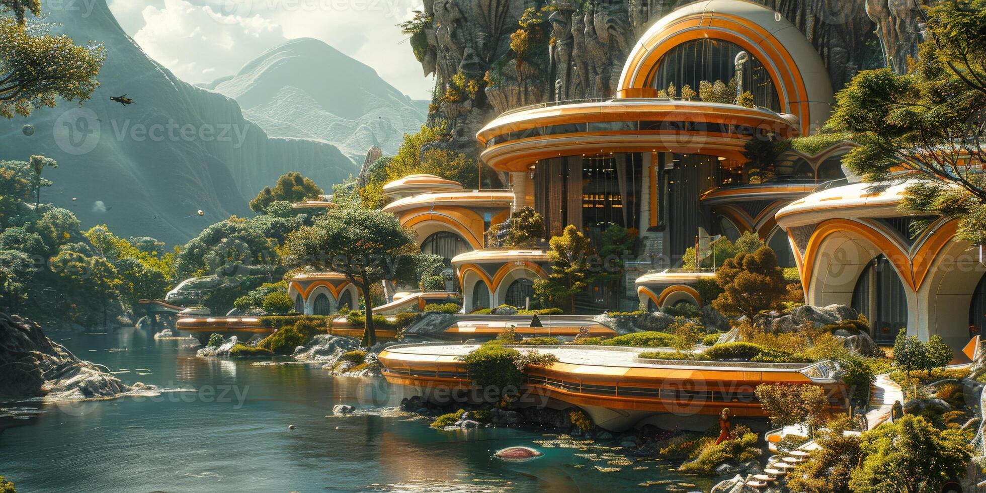 Futuristic building by the river, trees, and mountains photo