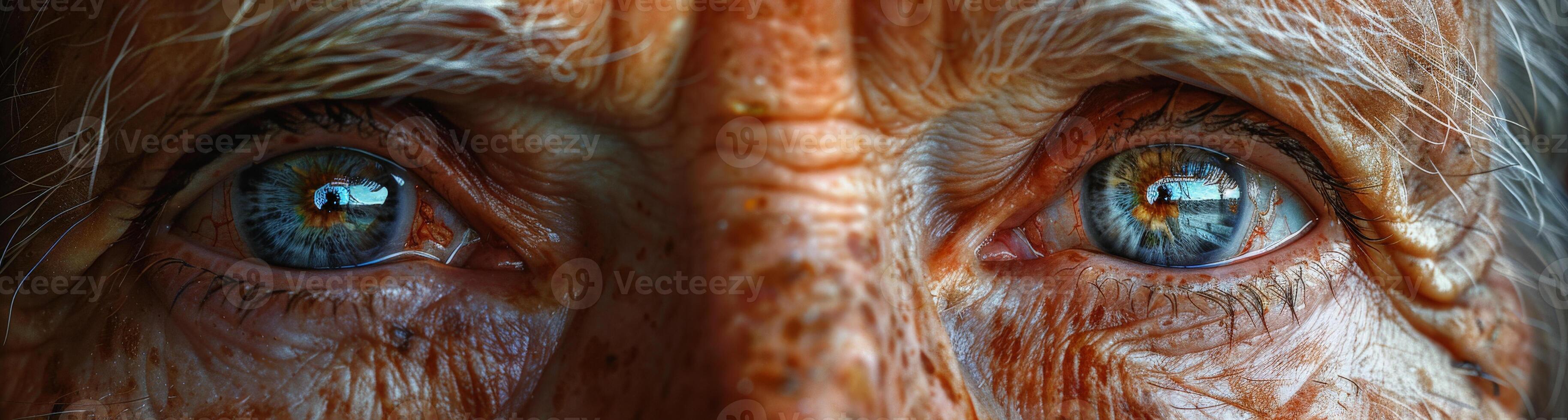 Close up of elderly womans blue eyes with face wrinkles photo