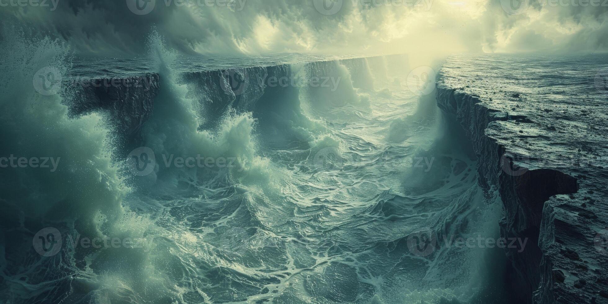 The waves are crashing against the rocky cliff by the ocean photo