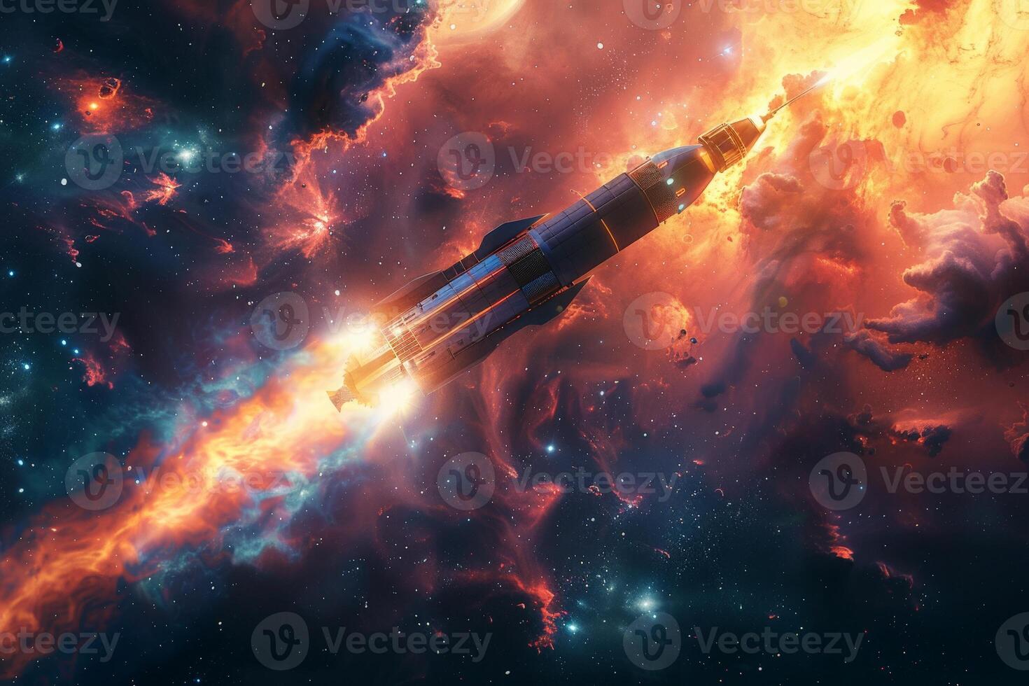A space ship navigates through a colorful nebula in the vast expanse of space photo