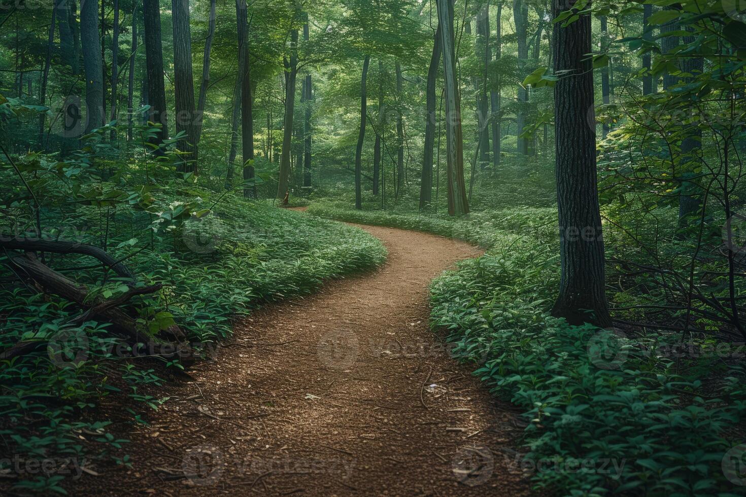 A dirt path in thick forest surrounded by trees, plants, grass photo