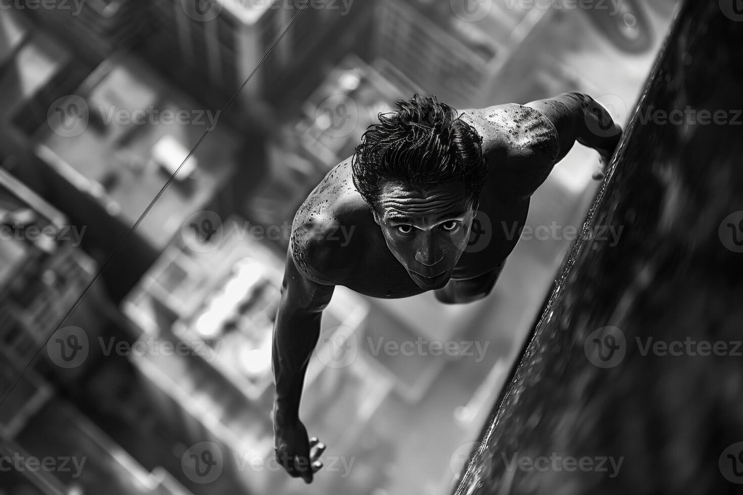 In the image, a man is depicted climbing a wall, shot in black and white photo
