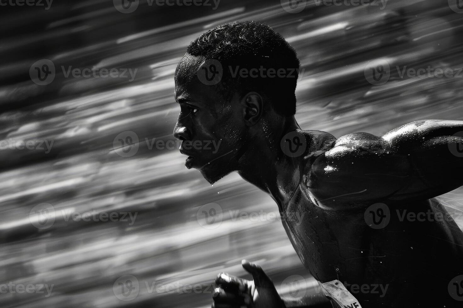 Shirtless man running under cloudy sky, evoking happiness, fun, and contrast photo