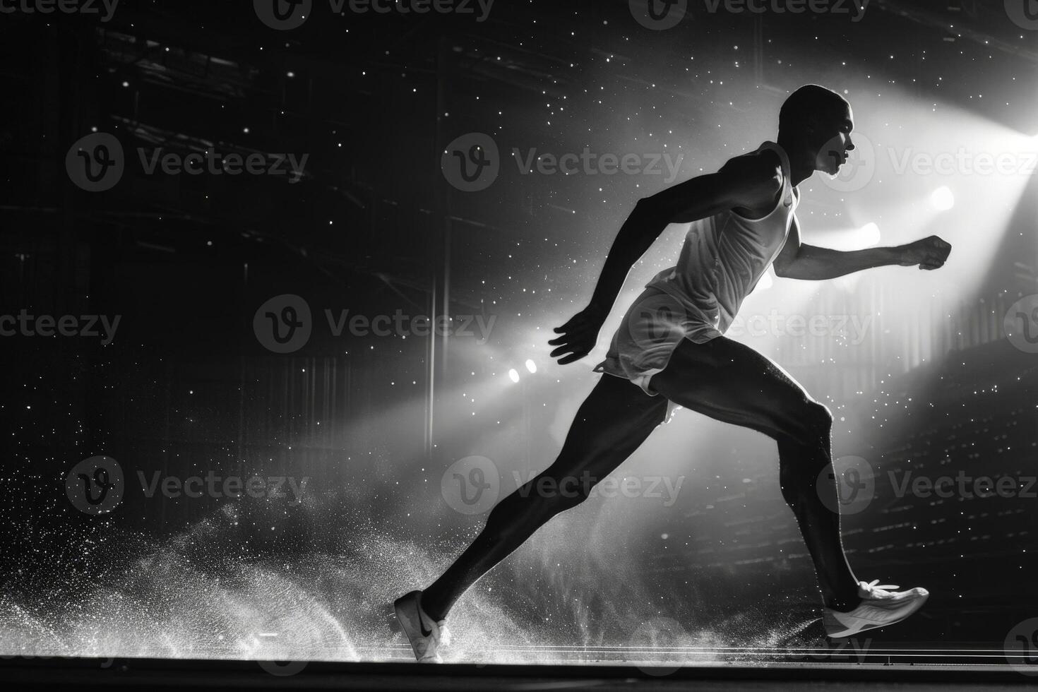 A black and white photograph captures a man running under the rain photo