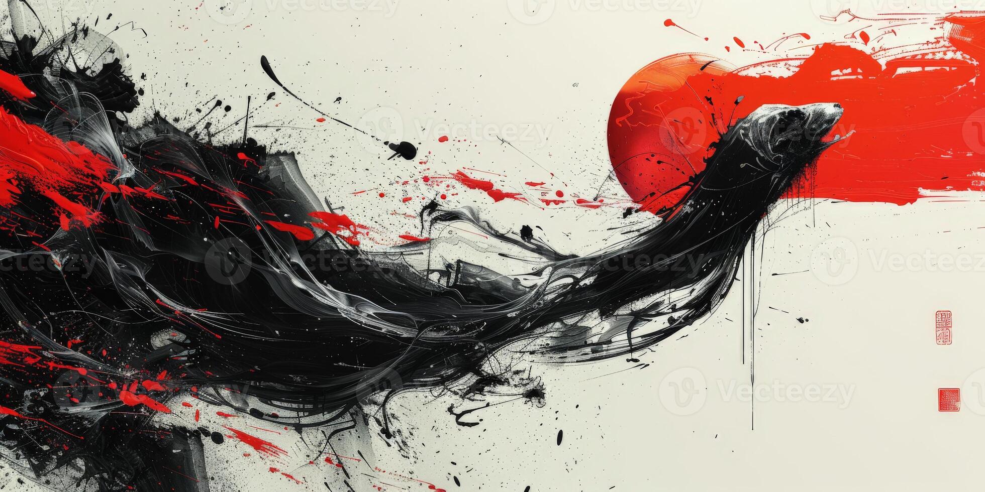 Painting of a wave with a red sun in the background photo