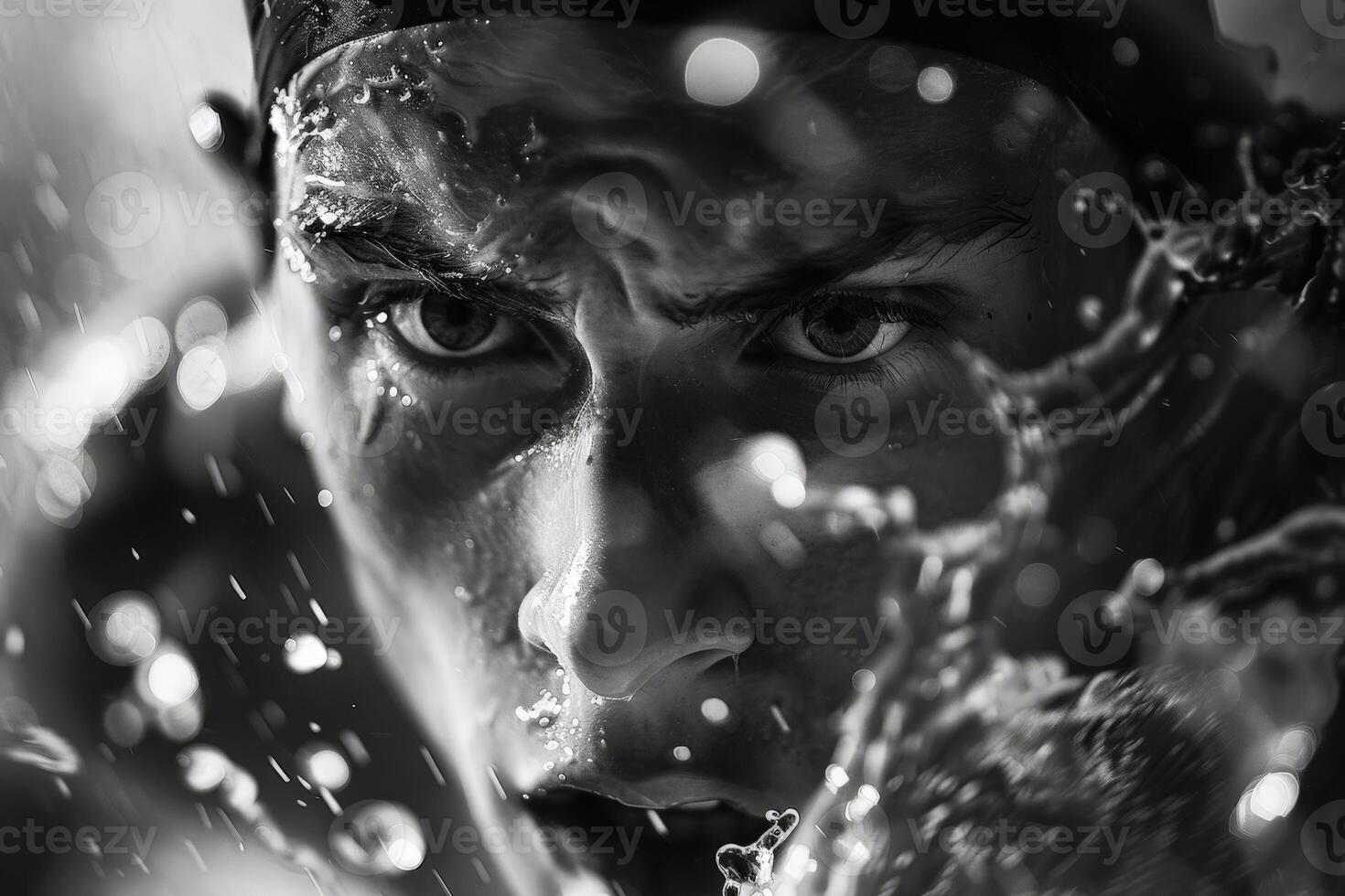 Blackandwhite closeup image of a persons face with splashing water photo