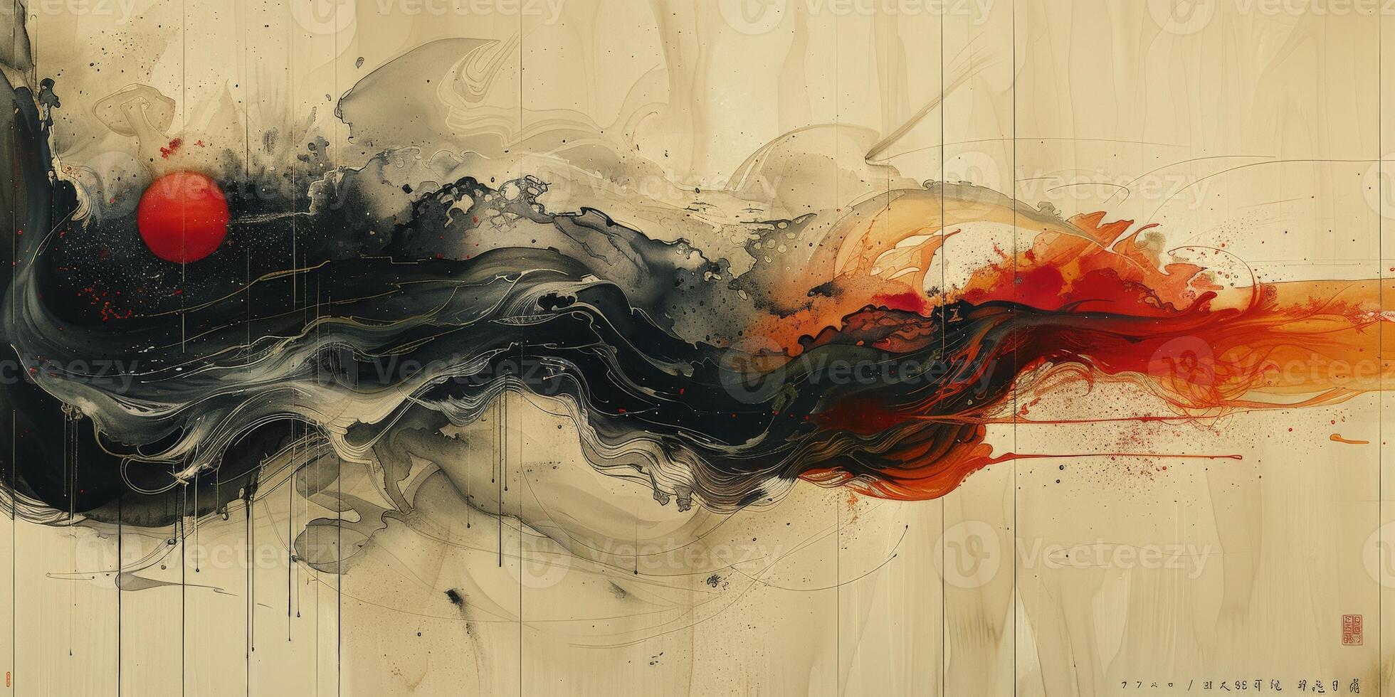 A painting depicts a wave with a red ball at its center photo
