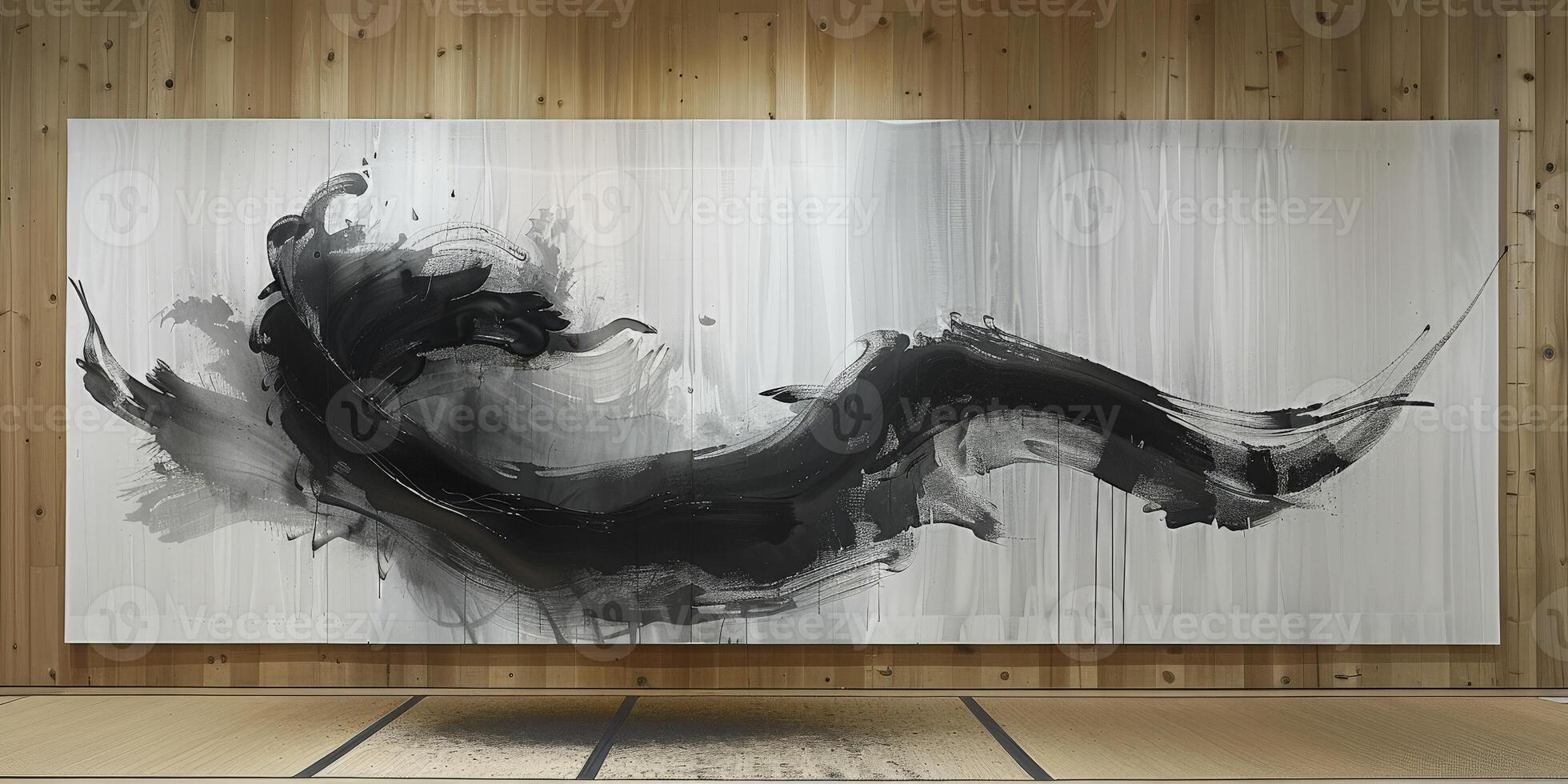 Wooden wall with large blackandwhite painting, artistic tones and shadows photo