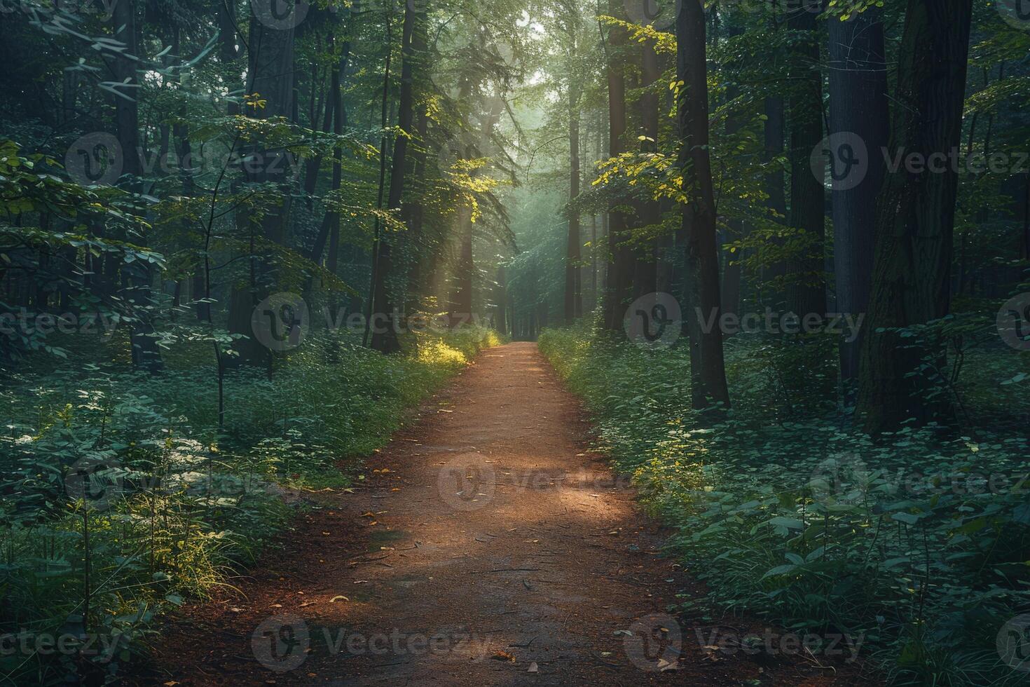 The sun is shining through the trees along a path in the forest photo