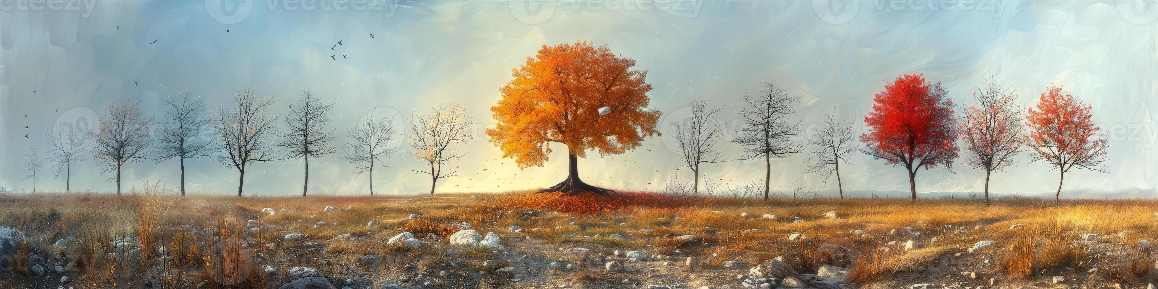 A painting of trees with colorful leaves in a field photo