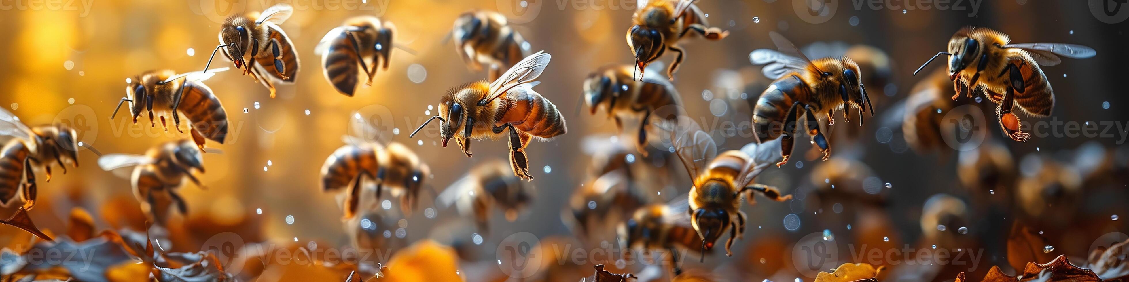 Bees are vital pollinators, swarming through the sky, crucial for the ecosystem photo
