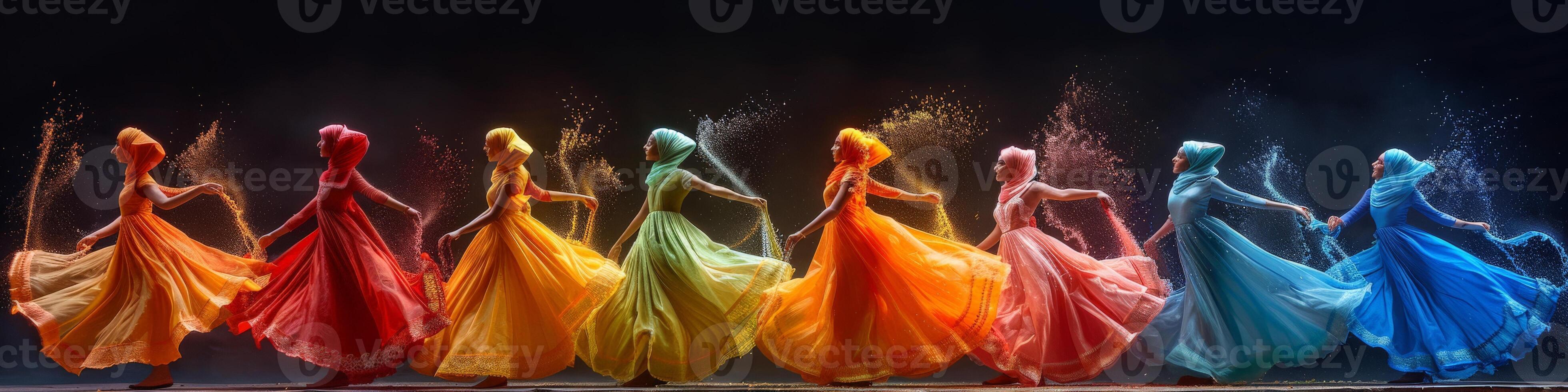 A colorful dance performance by a row of women in vibrant dresses on stage photo