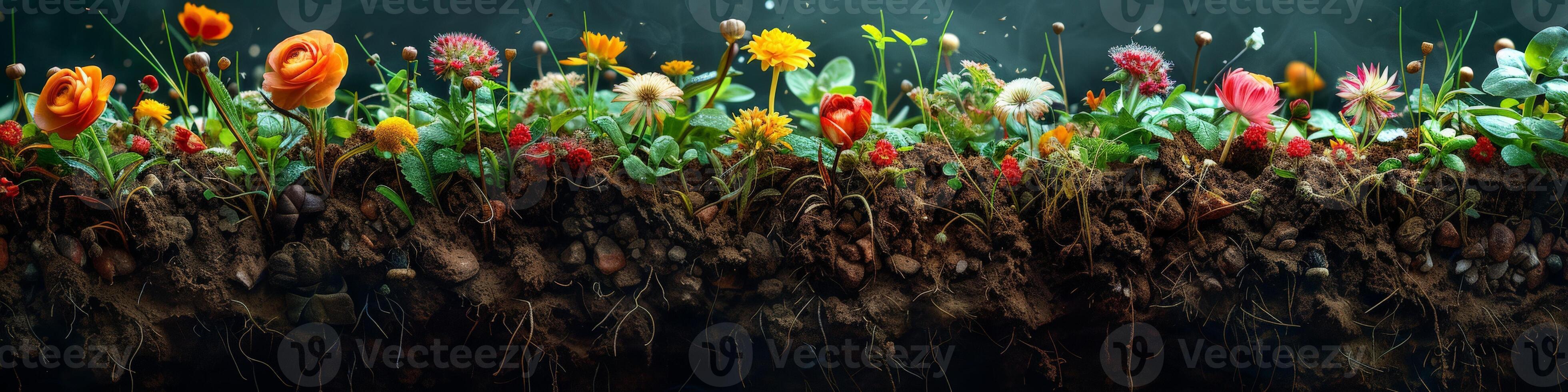A beautiful group of flowers is starting to grow from the ground photo