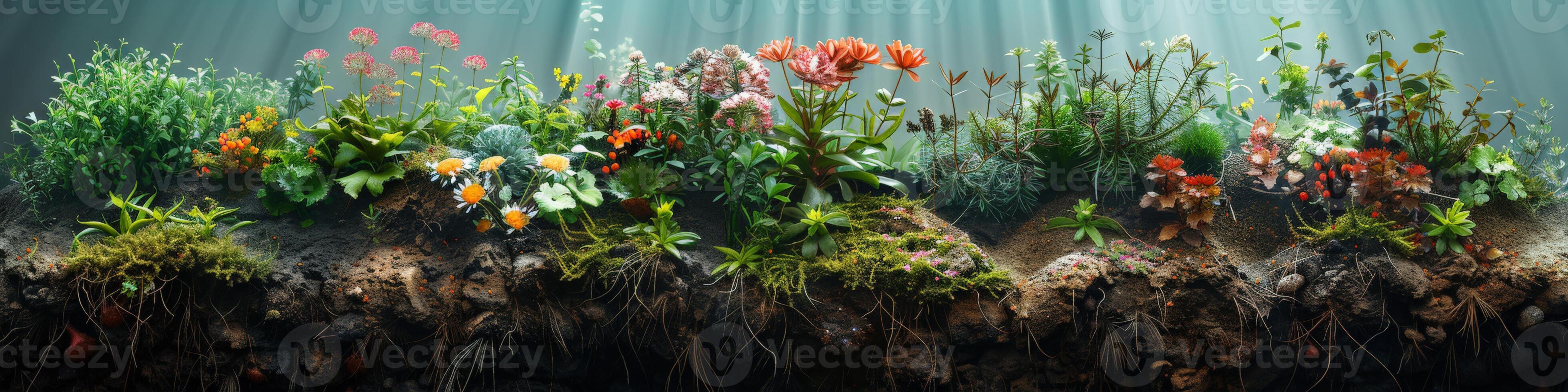 A series of beautiful flowers and plants emerging from the soil photo
