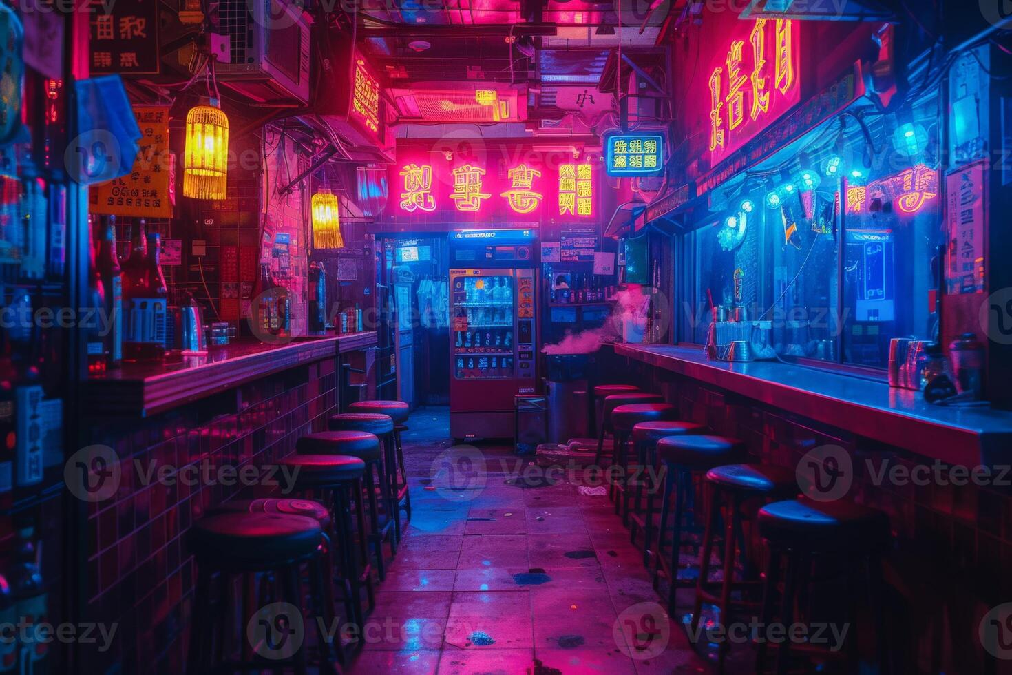 A bar with numerous neon lights and stools located in a dimly lit alleyway photo