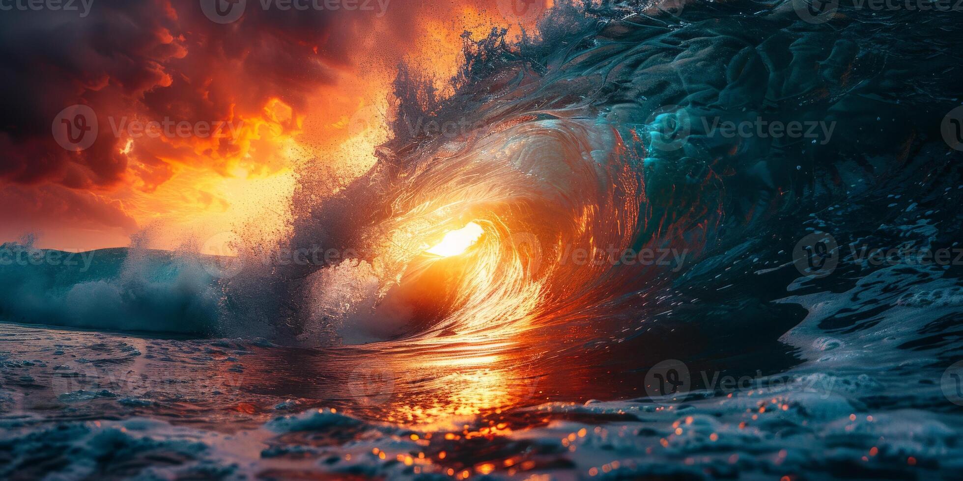 Sun shining through wave in ocean, creating beautiful afterglow photo