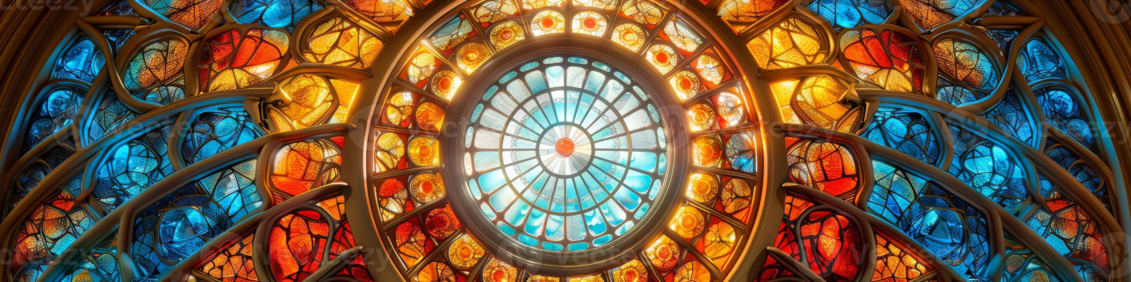A close up view of a stained glass window inside a church with intricate design photo