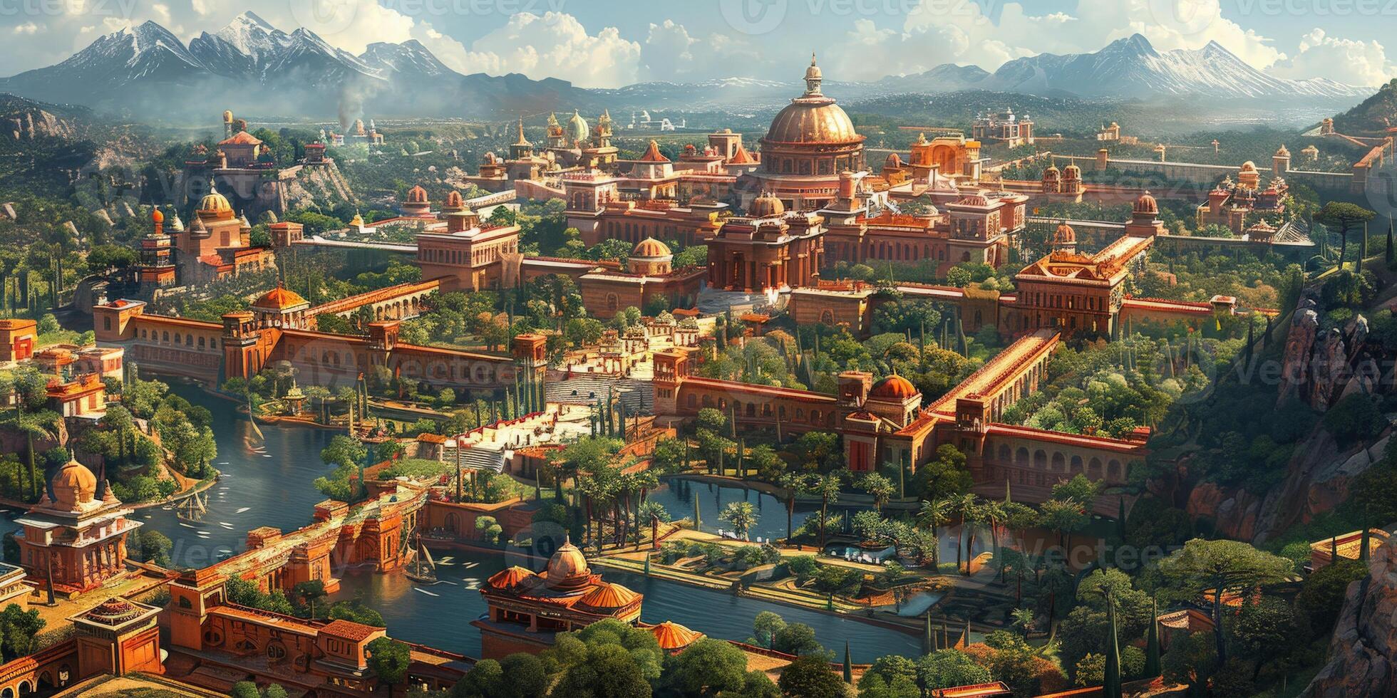 An aerial view of a city with mountains in the backdrop photo