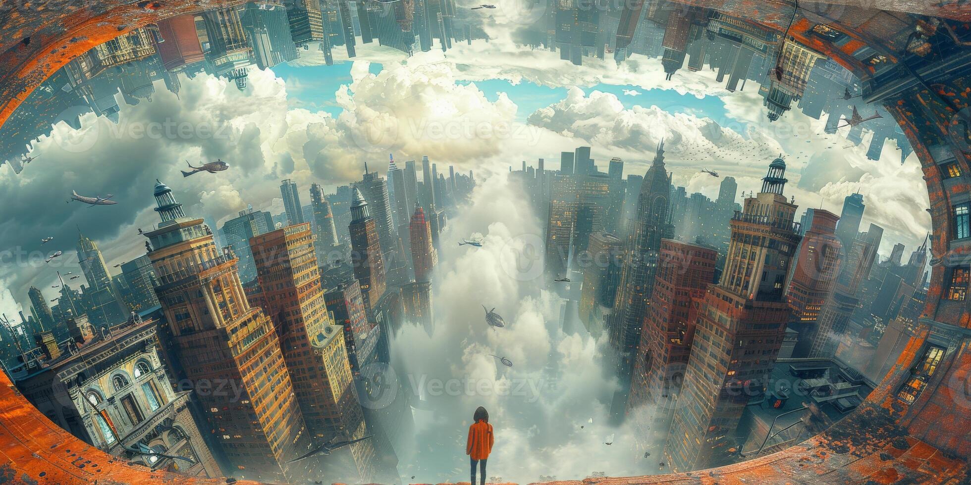 A man standing on a cliff overlooking a city in the sky photo