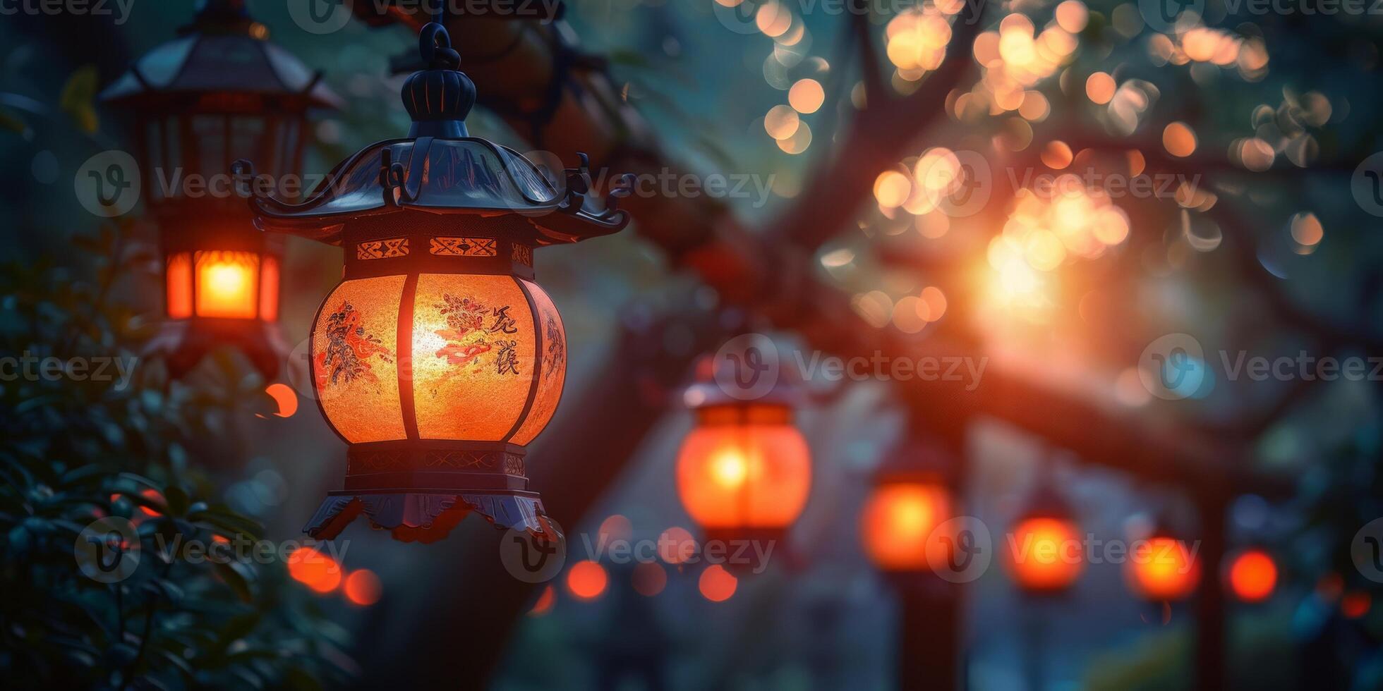 A lantern displaying chinese characters is suspended from a tree photo