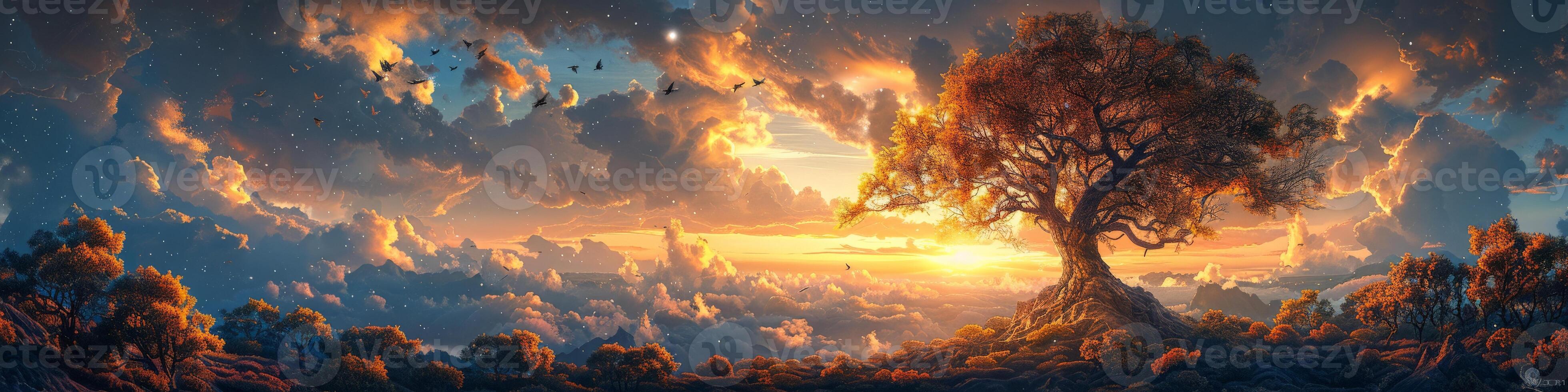 A tree is on a hill with a sunset in the background photo