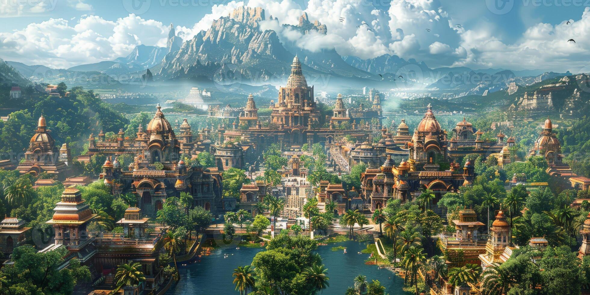 Aerial view of large city among trees and mountains photo