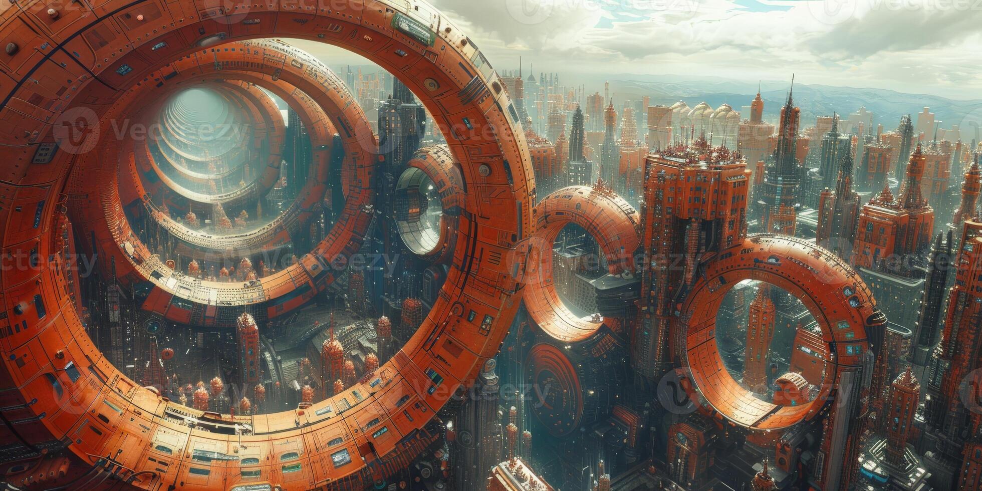 A futuristic city with circles and buildings seen from above photo