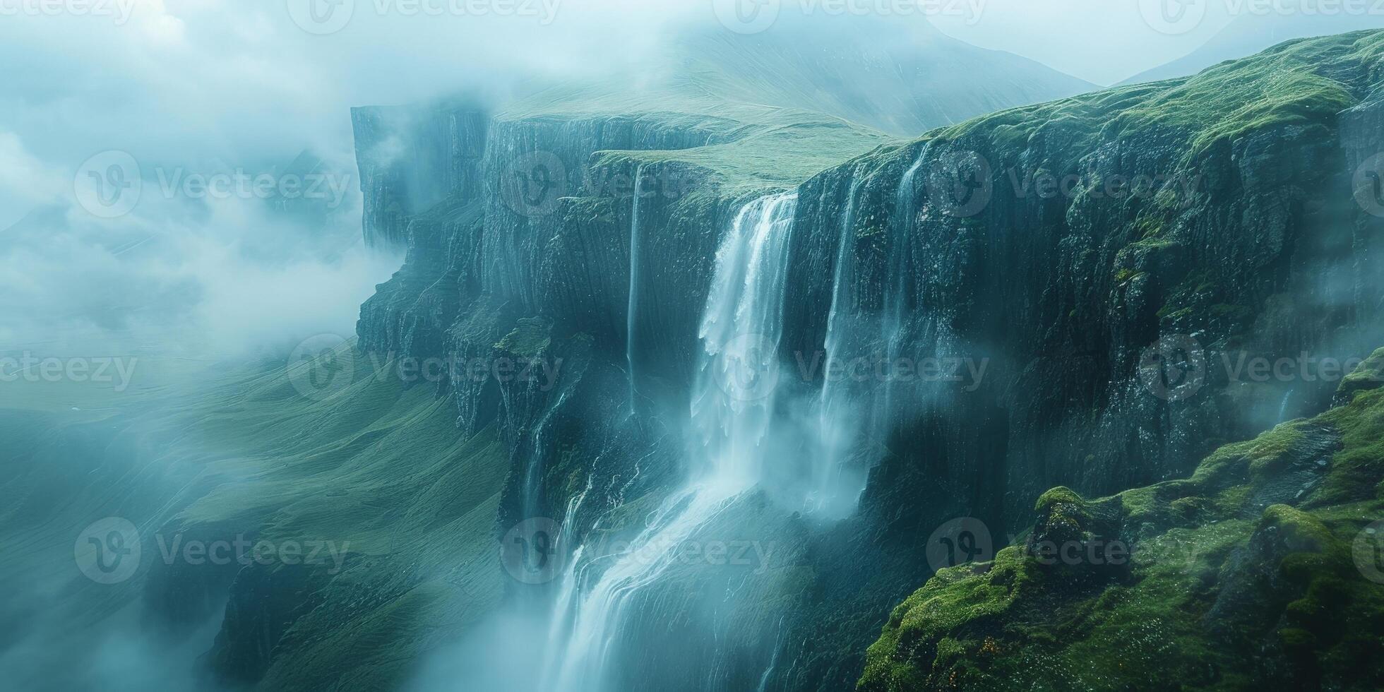 A waterfall in mountains, surrounded by trees, showcases natures beauty photo