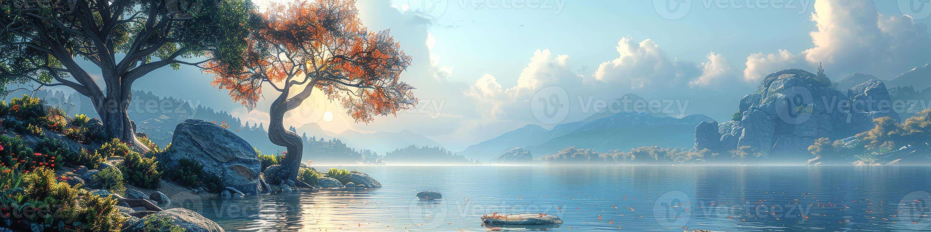 A tree stands on the shore of a lake, with mountains in the background photo