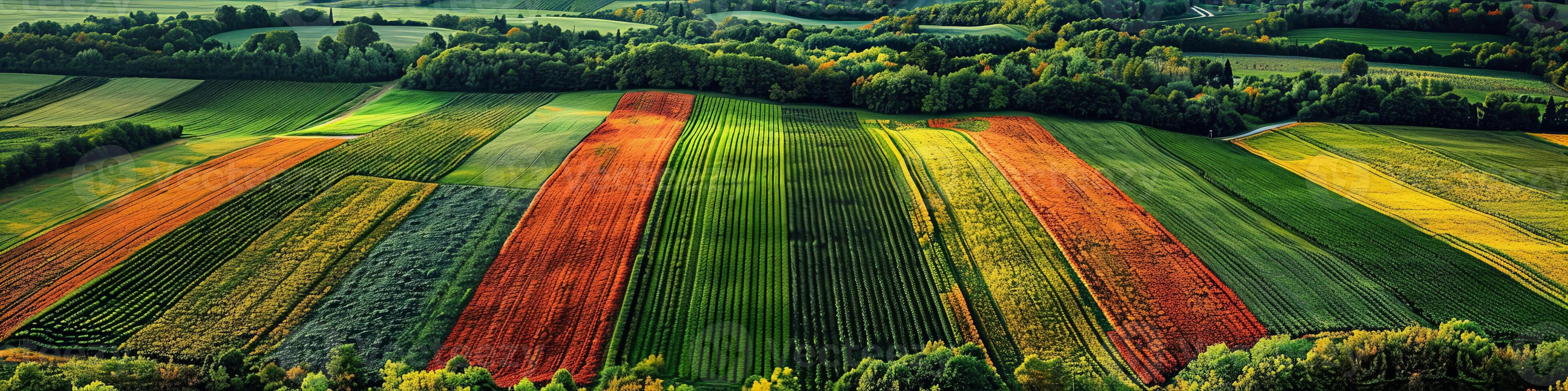 An aerial view captures a colorful field with trees in the backdrop photo