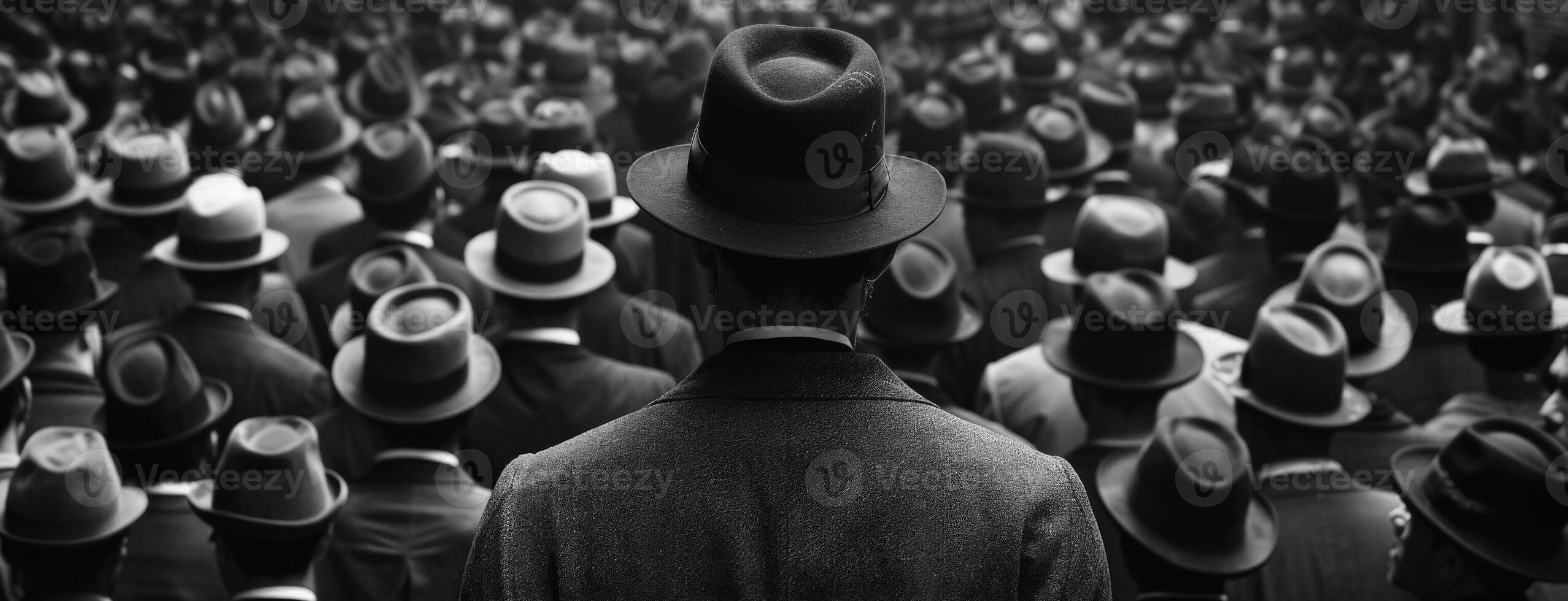 A man in a hat stands in front of a crowd of men in hats photo