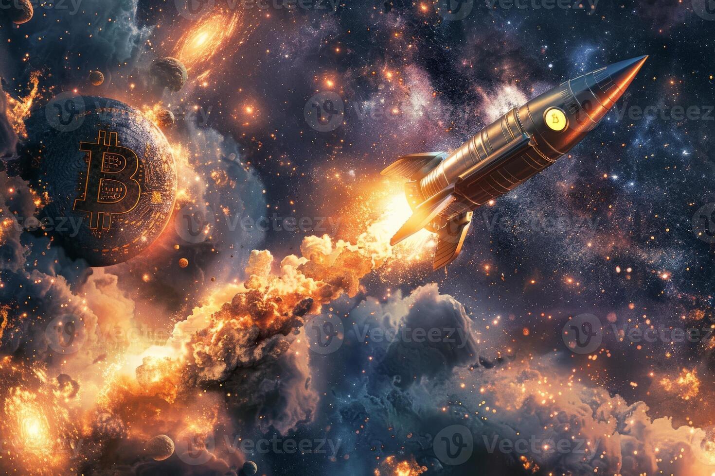 A rocket soars through space, with a distant planet in the background photo