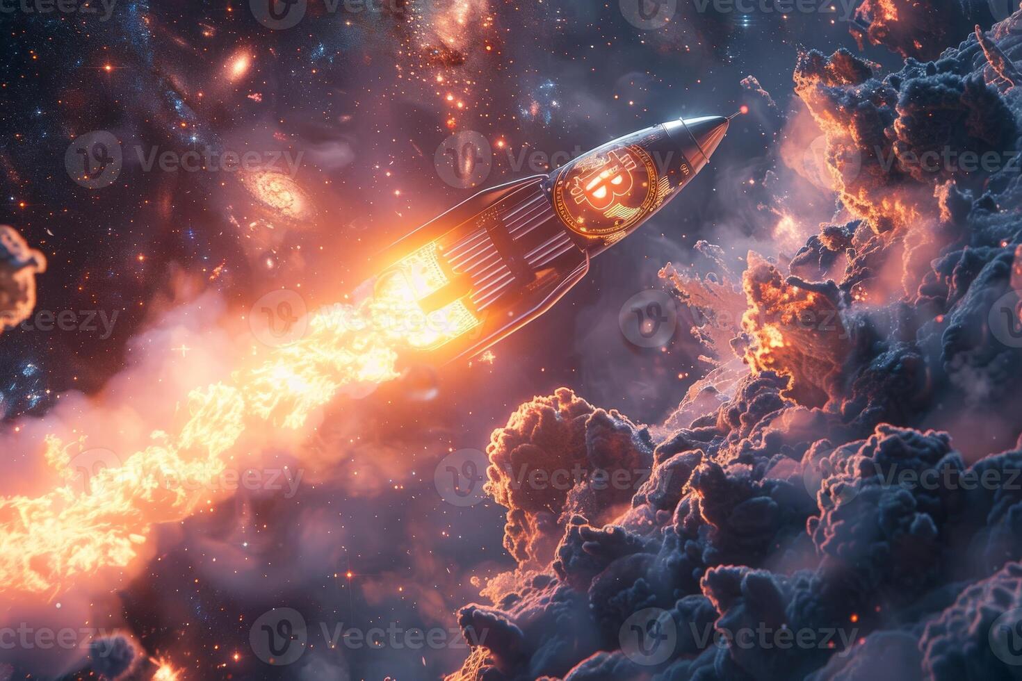 A rocket is soaring amidst the clouds in the vastness of space photo