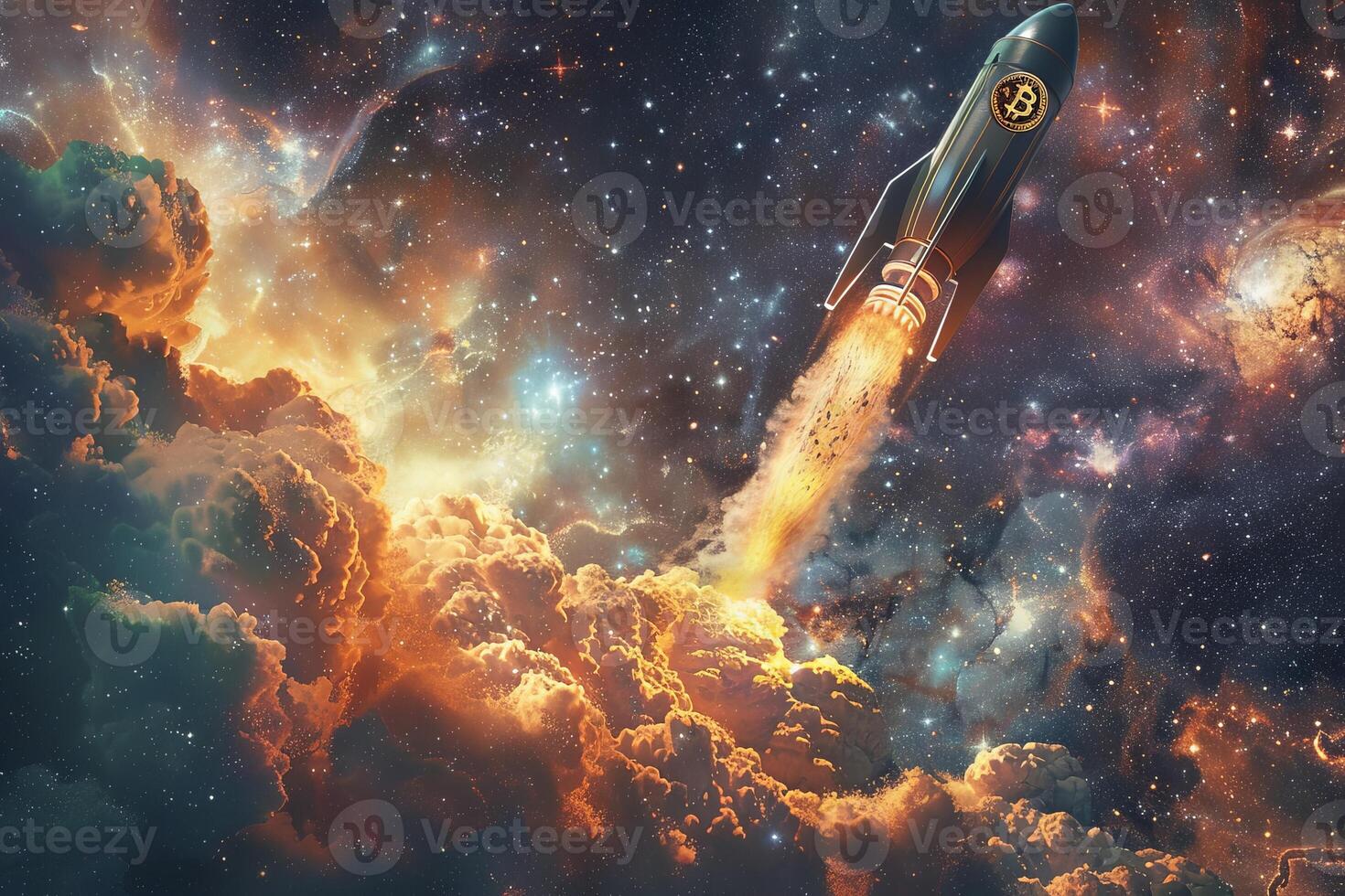 A rocket travels through clouds, beyond Earths atmosphere, in space photo