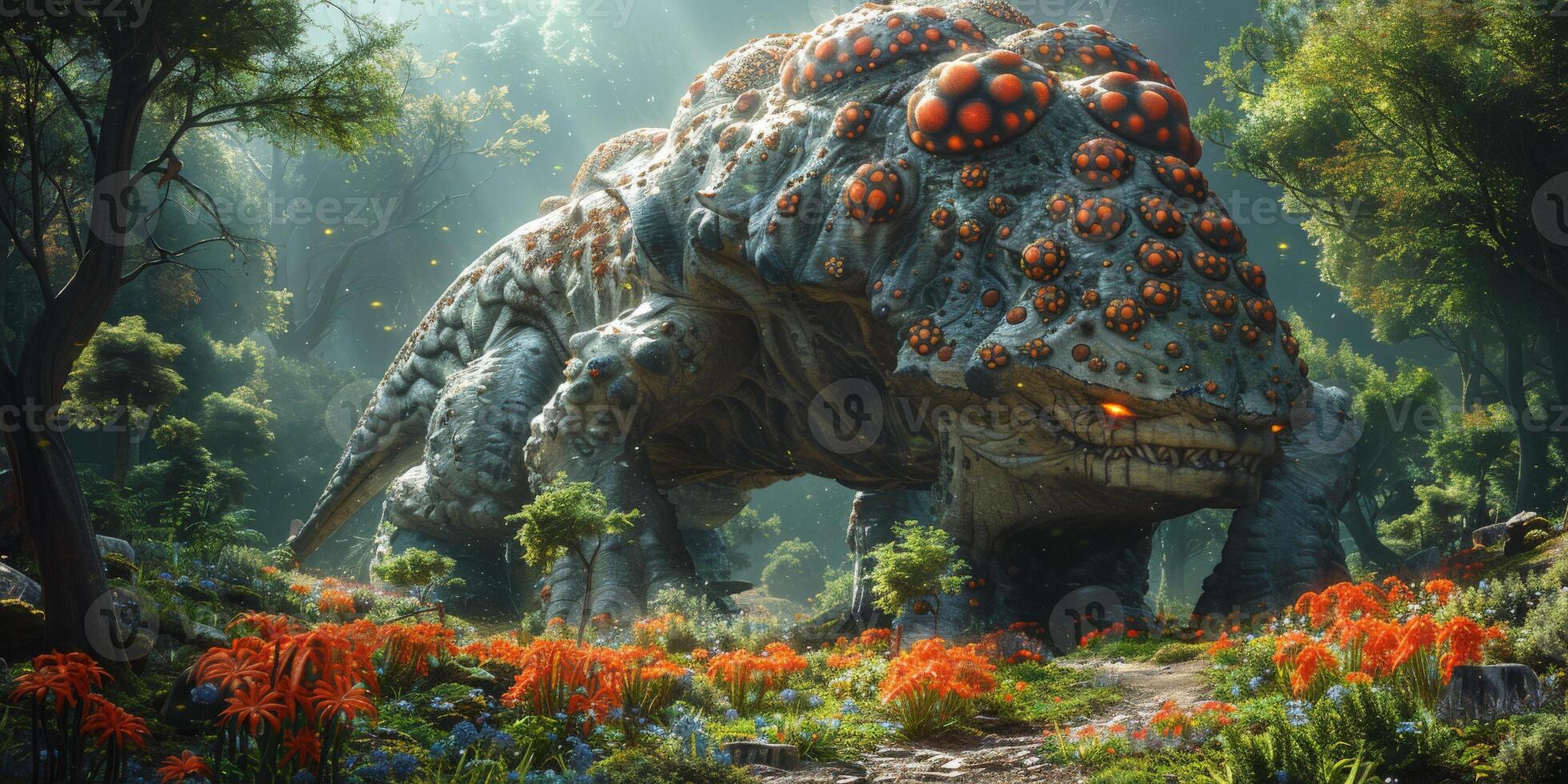 A monster in a forest, surrounded by trees and flowers, stands tall photo